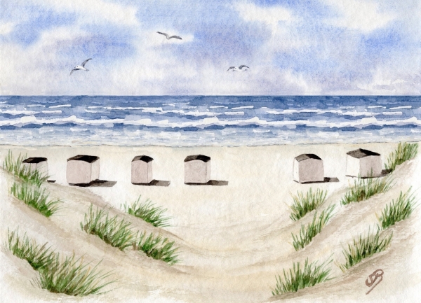 Folienmagnet Aquarell Maritim Kunst Druck Kunstdruck Dänemark Nordsee Blokhus Strand Strandhäuser Badehäuser Dünen